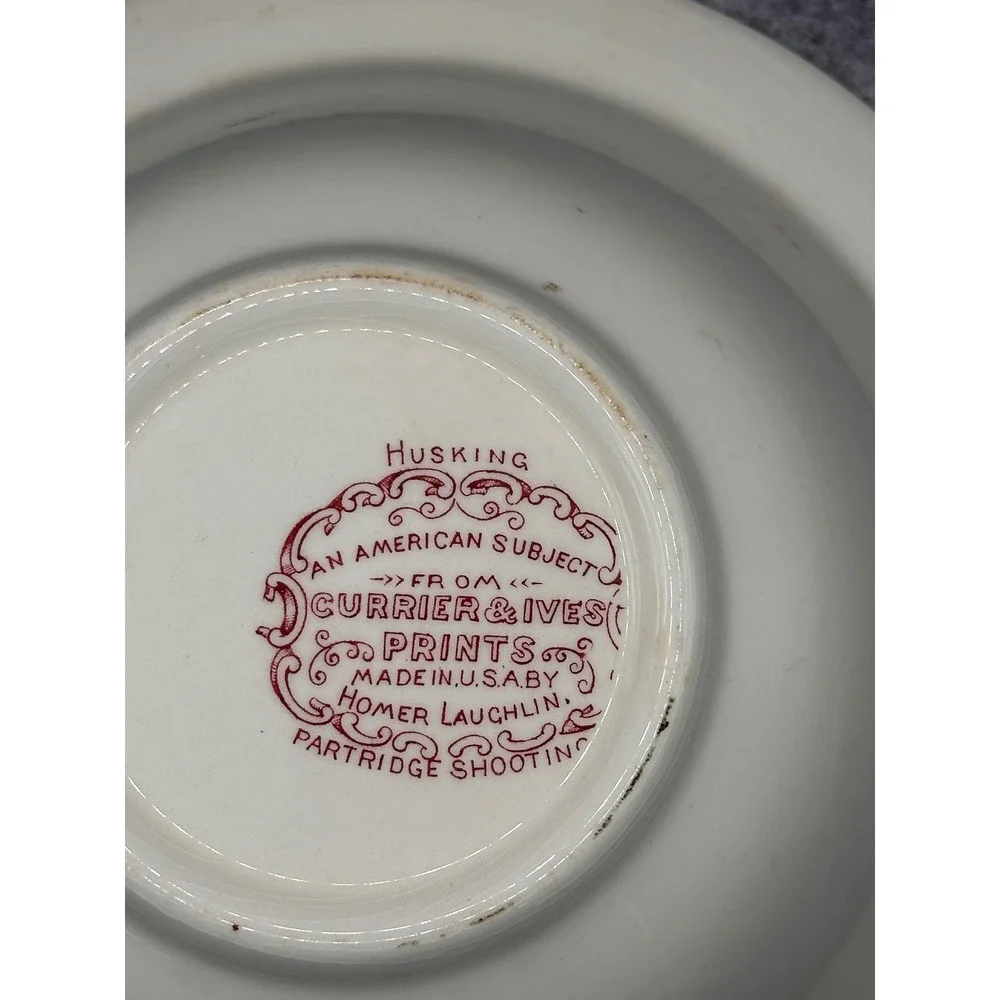 Homer Laughlin Currier & Ives Red Transferware Covered Bowl Husking Partridge